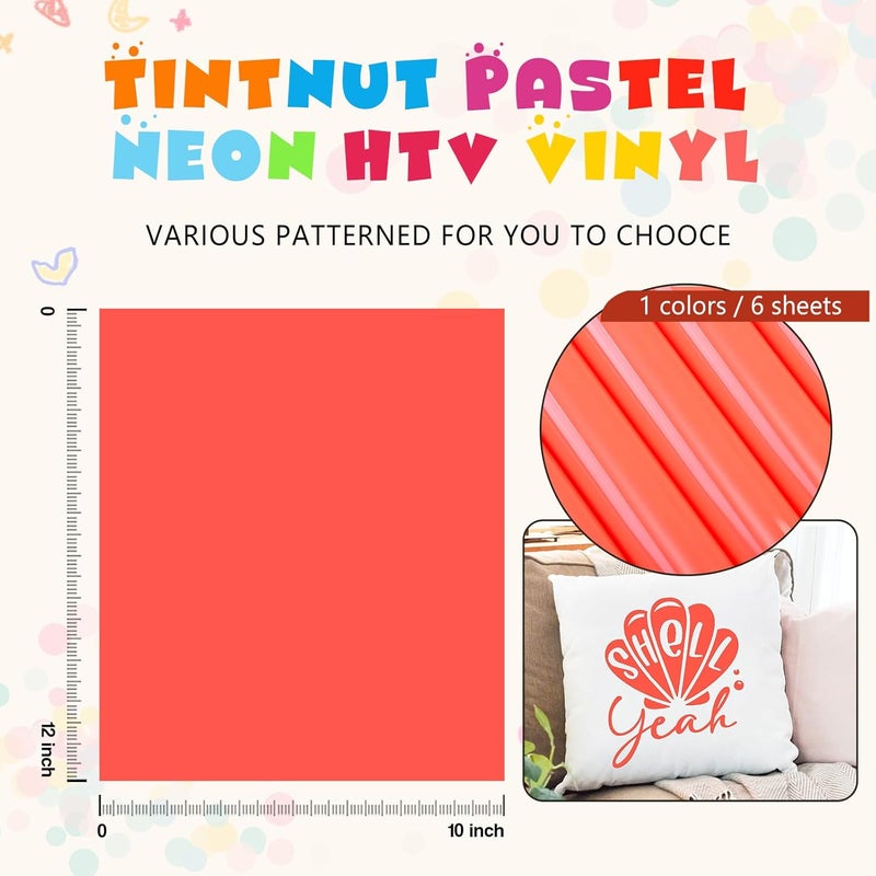 Tintnut Neon Heat Transfer Vinyl -6 Sheets 12" x 10" Pastel Tangerine Neon Iron on Vinyl for Fabrics Pastel HTV Vinyl Compatible with Cricut and Silhoutte Cameo - Image 4